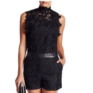 LAMARQUE Sz 2 Makaya Floral Lace Romper with Leather Trim High Neck Pockets